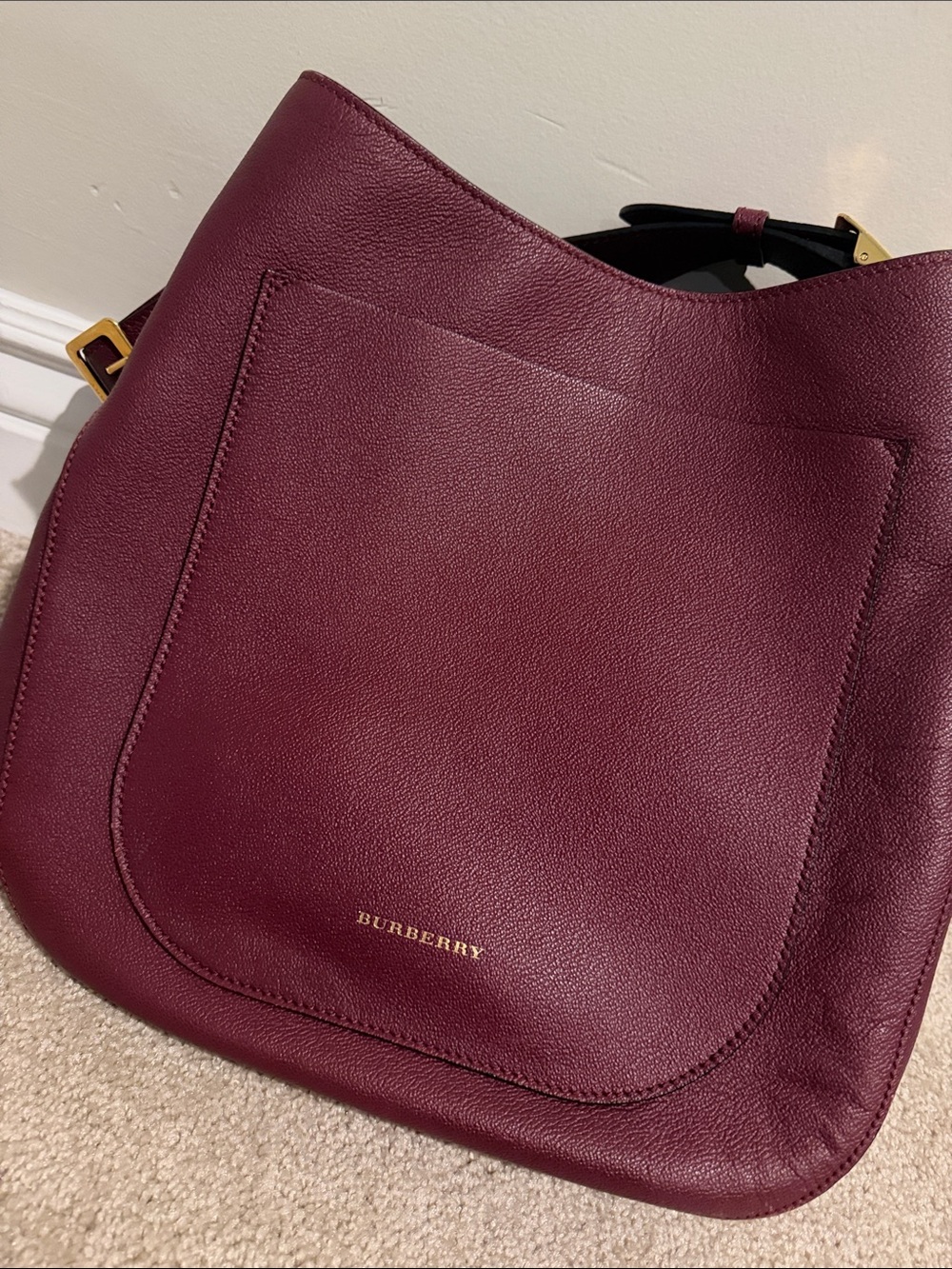 Burberry Wine Leather Shoulder Bag with Gold Logo